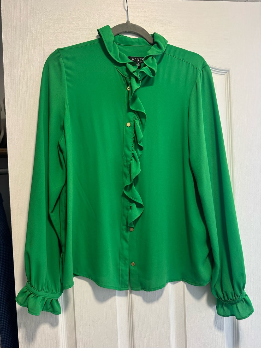 J. Crew Emerald Ruffle-Front Long Sleeve Blouse